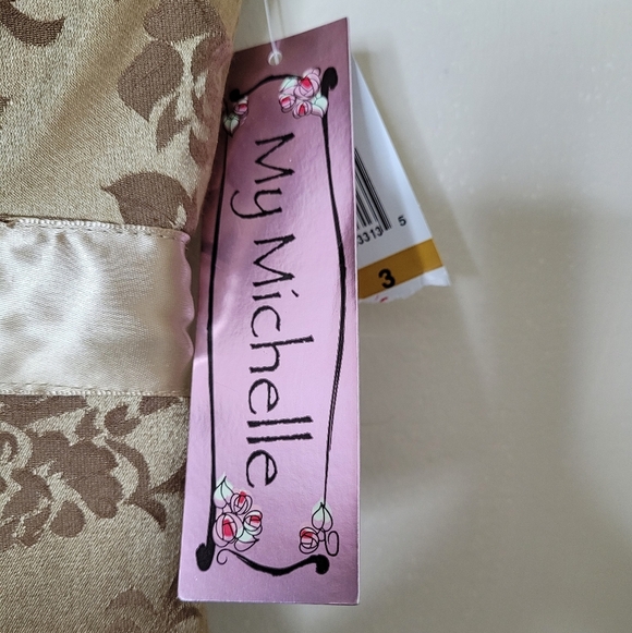 My Michelle Vintage 90s Strapless Dress Gold Brocade Satin Bow Size 3/4 NWT - Picture 10 of 10